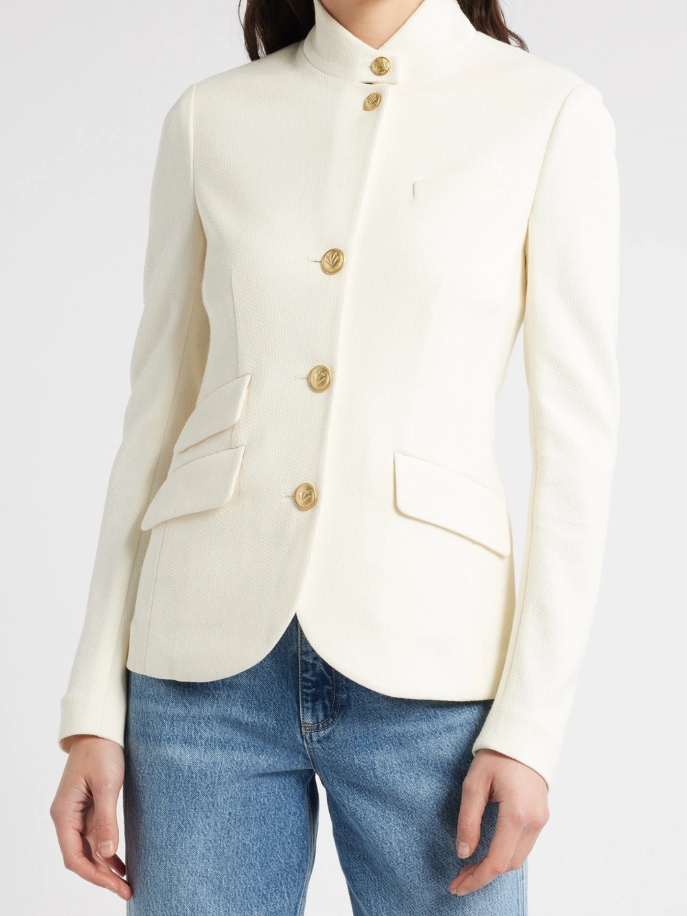 rag & bone Ivory Textured Stand Collar Blazer with Gold Buttons
